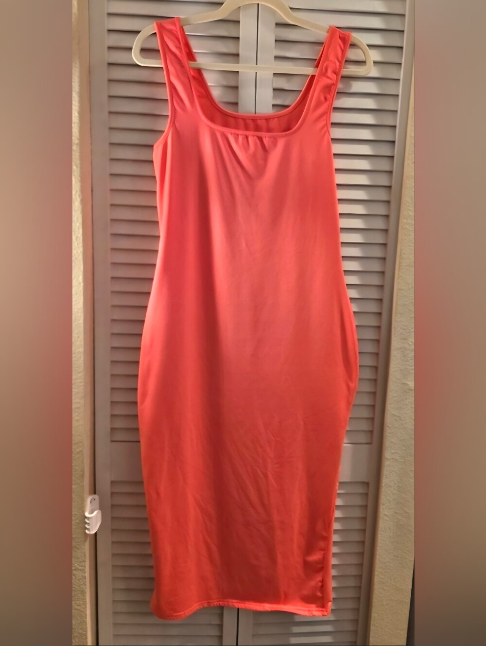 NEW BEAGIME Sleek Neon Coral Scoop Neck Bodycon Tank Dress Size XL